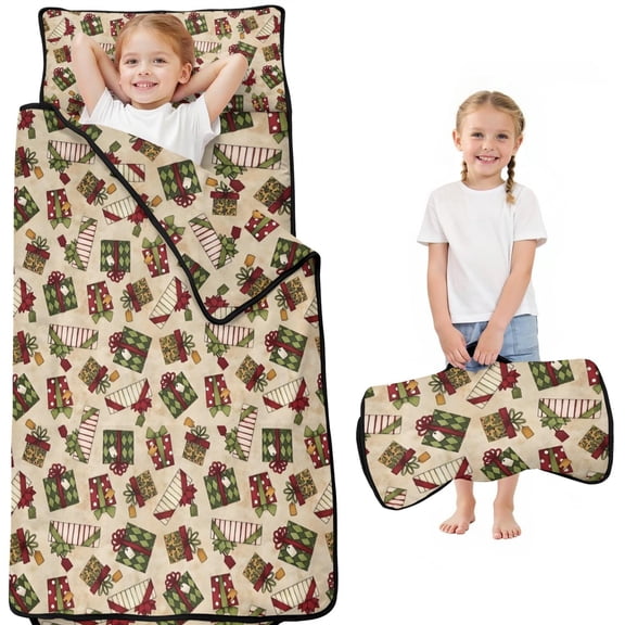 Beige Christmas Gift Pattern Toddler Nap Mats for Kids Preschool,51"x22" Sleeping Mat Bag or Kids,Toddler Sleeping Bag,Toddler Nap Mat or Daycare