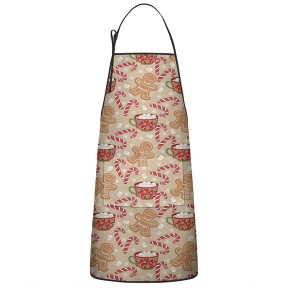 Beige Christmas Gingerbread Man Pattern Apron-Garden Aprons for Women with Pockets-Cotton Linen Waterproof Kitchen Cooking Gardening Aprons Adjustable for Kitchen,Cooking,BBQ and Salon 33"x27"