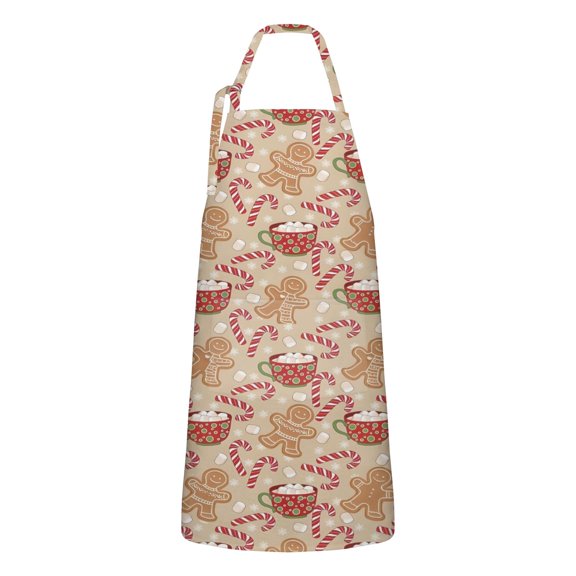 Beige Christmas Gingerbread Man Apron-Garden Aprons for Women with Pockets-Cotton Linen Waterproof Kitchen Cooking Gardening Aprons Adjustable for Kitchen,Cooking,BBQ and Salon 32"x27"