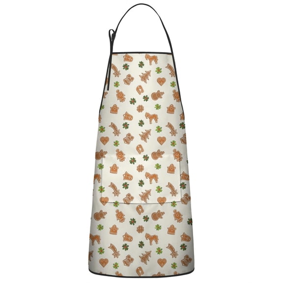 Beige Christmas Gingerbread Pattern Apron-Garden Aprons for Women with Pockets-Cotton Linen Waterproof Kitchen Cooking Gardening Aprons Adjustable for Kitchen,Cooking,BBQ and Salon 33"x27"
