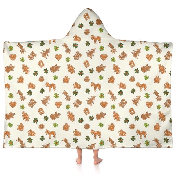 Beige Christmas Gingerbread Pattern Hooded Bath Towel,60"x35" for Ages 3 To 12 Kids, Quick Dry Lightweight Soft Microfiber Hood Beach Towel Cover Up for Kids