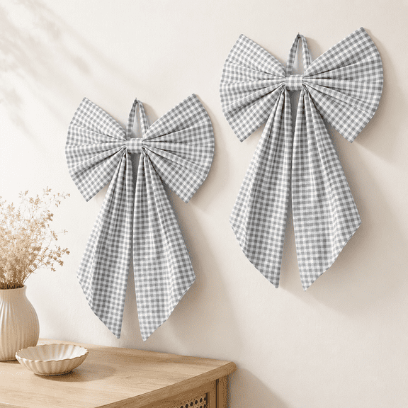 Beige Christmas Gingham Wreath Bow, 19.6 x 11.8 Inch Decorative Bow for Home and Holiday Use