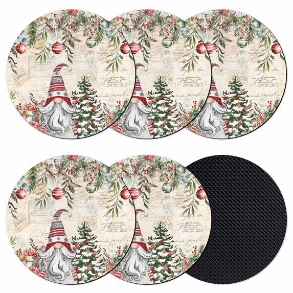 Beige Christmas Gnomes Coasters Set of 6, Absorbent Coasters for Drinks, Xmas Tree Poinsettia Winter Gifts Coaster for Desk Coffee Table Protection, Home Decor House Warming Gifts 4"