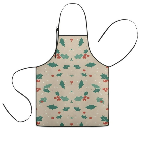Beige Christmas Holly Pattern Kids Aprons for Girls and Boys,Adjustable Neck Strap Toddler Aprons for Kids Cooking Baking