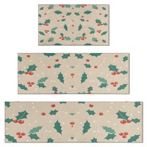 Beige Christmas Holly Pattern Kitchen Rugs Sets Of 3,Kitchen Runner Rugs Non Skid Washable,Decorative Kitchen Floor Mats for Kitchen,Sink,Laundry,17"x30" 17"x47" 17"x59"