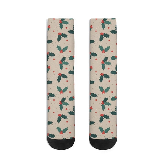 Mid Guy Beige Christmas Holly Pattern Men's Mid-calf Crew Socks, Everyday ...