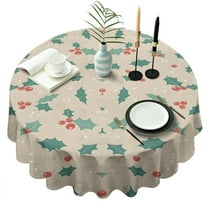 Beige Christmas Holly Pattern Round Tablecloth 60"x60",Wrinkle Wipeable Table Cloth for Kitchen Dining Room Picnic Patio Party