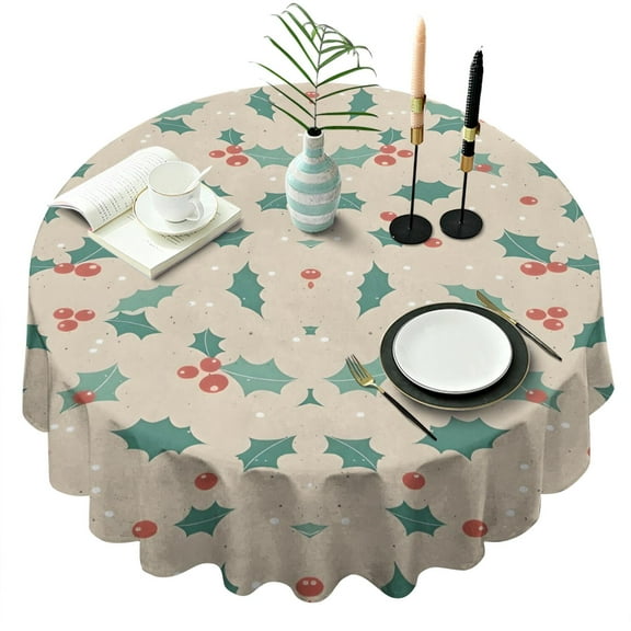 Beige Christmas Holly Pattern Round Tablecloth 60"x60",Wrinkle Wipeable Table Cloth for Kitchen Dining Room Picnic Patio Party