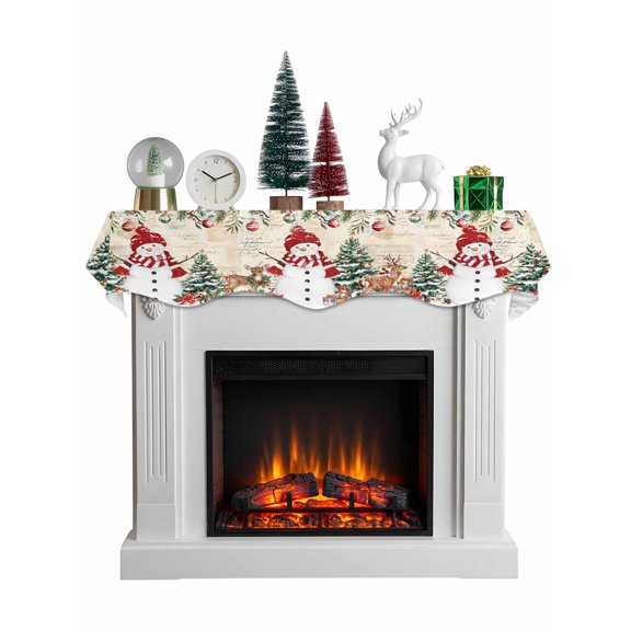 Beige Christmas Mantel Scarf Fireplace Decorations for Living Room, Snowman Xmas Tree Poinsettia Eucalyptus Fireplace Mantel Scarf Cover Runner for Halloween/Thanksgiving/Christmas Decor 70"x17"