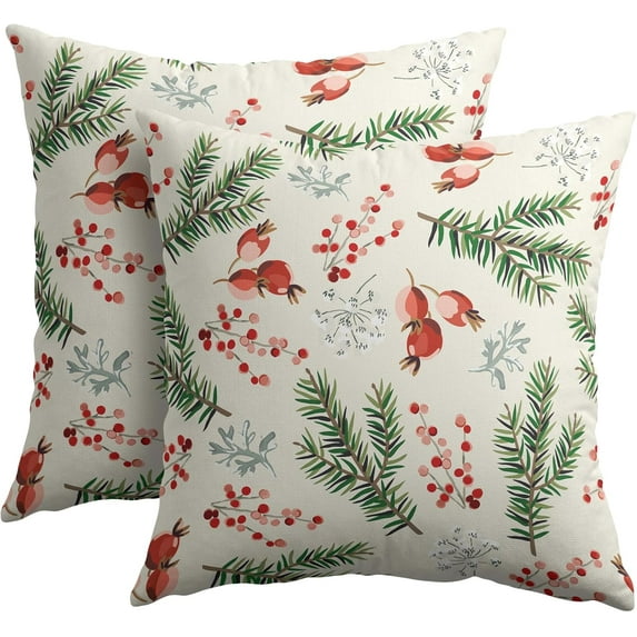 Beige Christmas Pillow Covers 18x18 Set of 2 Green Red Xmas Berries Twigs Rustic Decorative Outdoor Farmhouse Zipper Pillowcases Decoration Winter Holiday Throw Cushion Cover Decor for Couch Sofa Bed