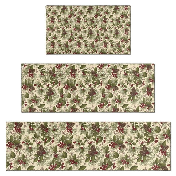 Beige Christmas Pine Cone Pattern Kitchen Rugs Sets Of 3,Kitchen Runner Rugs Non Skid Washable,Decorative Kitchen Floor Mats for Kitchen,Sink,Laundry,17"x30"+ 17"x47" + 17"x59"