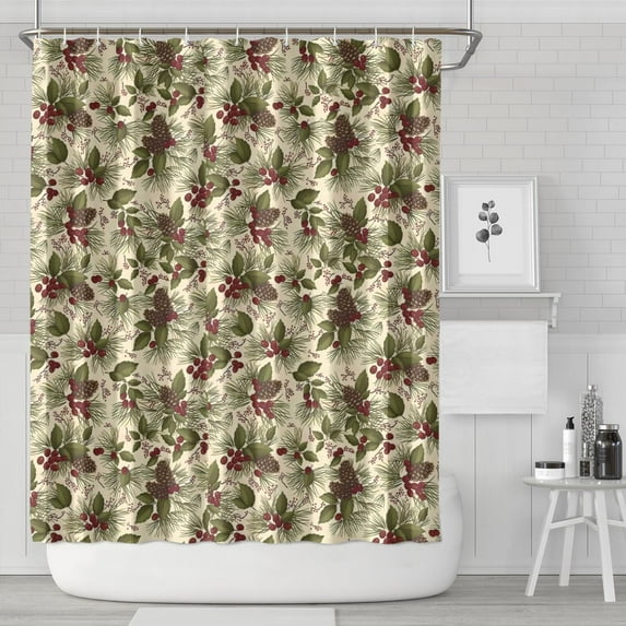 Beige Christmas Pine Cone Pattern Shower Curtain 84"x72" ,Bathroom Decorative Shower Curtains Set with 12 Hooks,Modern Waterproof Washable Shower Curtain