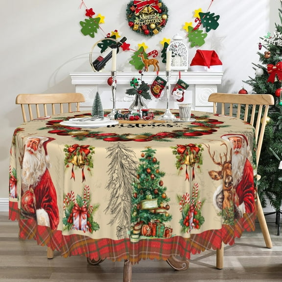 Beige Christmas Round Tablecloth,Santa Claus Table Cloth,Xmas Pine Trees Table Cover for Dining Kitchen Decor Party Banquet,60"