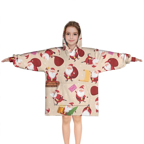 Beige Christmas Santa Pattern Blanket Hoodies for Kids 6-13YR Oversize Wearable Blanket Hoodies for Boys Girls Teens