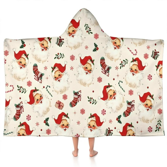 Beige Christmas Santa Pattern Hooded Bath Towel,50"x30" for Ages 3 To 12 Kids, Quick Dry Lightweight Soft Microfiber Hood Beach Towel Cover Up for Kids