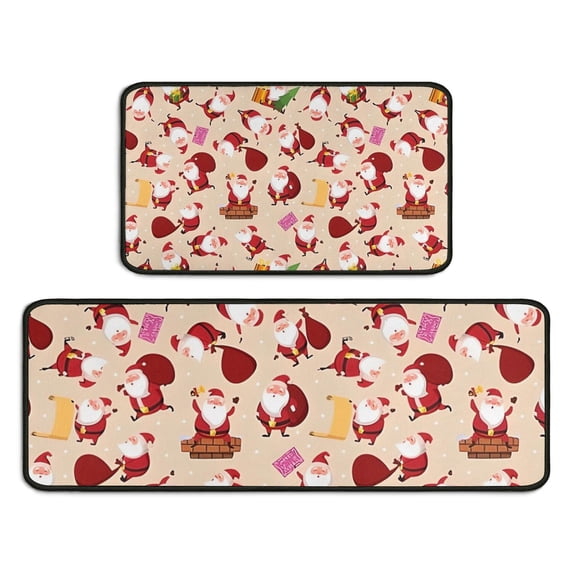 Beige Christmas Santa Pattern Kitchen Rugs Sets Of 2,Anti Fatigue Kitchen Mat Rugs Non Slip Washable,Decorative Kitchen Floor Mats for Kitchen,Sink,Laundry,17"X30"+17"X47"