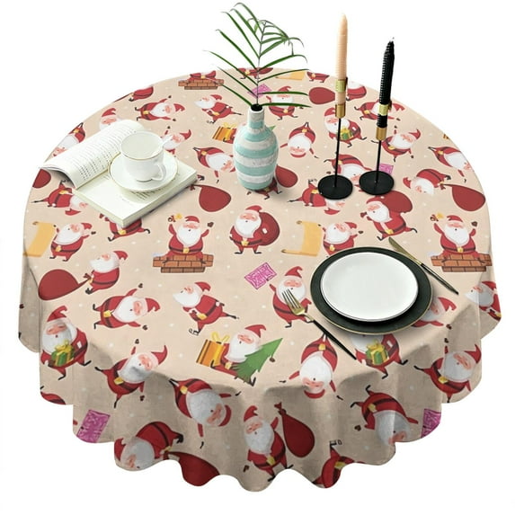 Beige Christmas Santa Pattern Round Tablecloth 60"x60",Wrinkle Wipeable Table Cloth for Kitchen Dining Room Picnic Patio Party