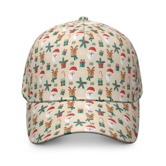 Beige Christmas Santa and Reindeer Pattern Baseball Cap, Sports Sun Cap with Snap Closure & Sweatband, Lightweight Shape Retaining Gifts for Unisex Men Women