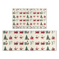Beige Christmas Santa and Train Pattern Kitchen Rugs Sets Of 2,Anti Fatigue Kitchen Mat Rugs Non Slip Washable,Decorative Kitchen Floor Mats for Kitchen,Sink,Laundry,17"x30" 17"x47"