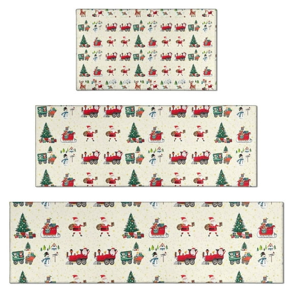 Beige Christmas Santa and Train Pattern Kitchen Rugs Sets Of 3,Kitchen Runner Rugs Non Skid Washable,Decorative Kitchen Floor Mats for Kitchen,Sink,Laundry,17"x30"+ 17"x47" + 17"x59"