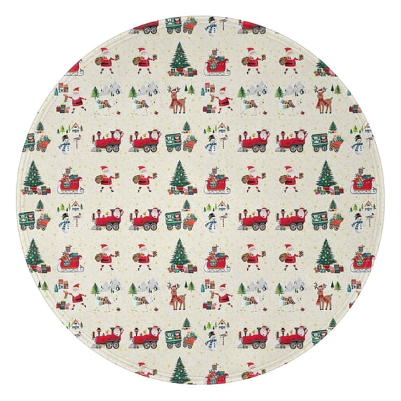 Beige Christmas Santa and Train Pattern Round Blanket,Comfortable Soft Flannel Throw Blanket,All Season,Warm Lightweight Blankets for Sofa Bed Couch Living Room Chair 47"x47"