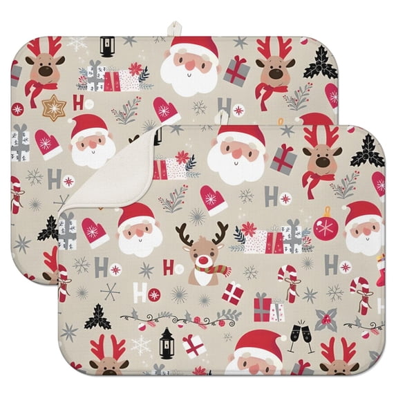 Beige Christmas Santa and Reindeer Pattern Dish Drying Mat for Kitchen 1 Pack, Ultra Absorbent Microfiber Dishes Drainer Mats,18x24in(46x61cm)