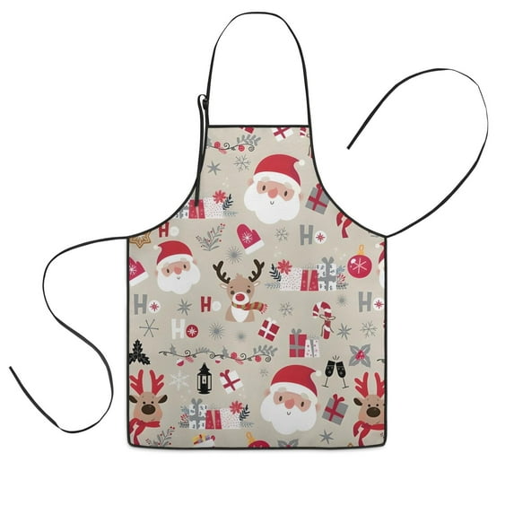 Beige Christmas Santa and Reindeer Pattern Kids Aprons for Girls and Boys,Adjustable Neck Strap Toddler Aprons for Kids Cooking Baking