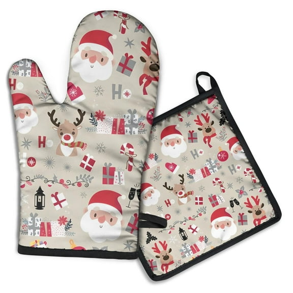 Beige Christmas Santa and Reindeer Pattern Kitchen Oven Mitt and Pot Holder Sets 2 Pcs for Baking, Cooking and Grilling, Heat Resistant Up To 392 °F