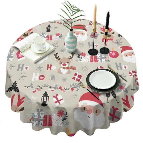 Beige Christmas Santa and Reindeer Pattern Round Tablecloth 60"x60",Wrinkle Wipeable Table Cloth for Kitchen Dining Room Picnic Patio Party