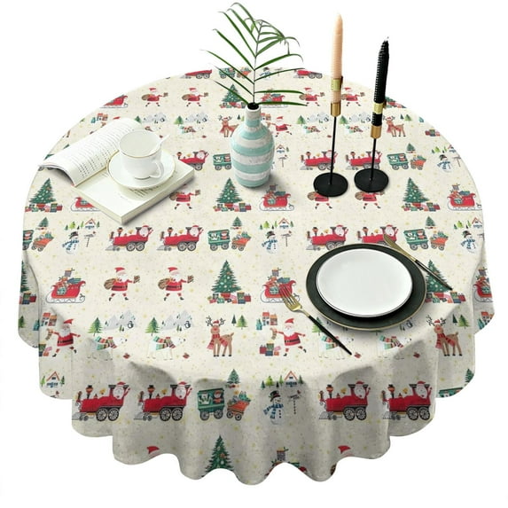 Beige Christmas Santa and Train Pattern Round Tablecloth 60"x60",Wrinkle Wipeable Table Cloth for Kitchen Dining Room Picnic Patio Party