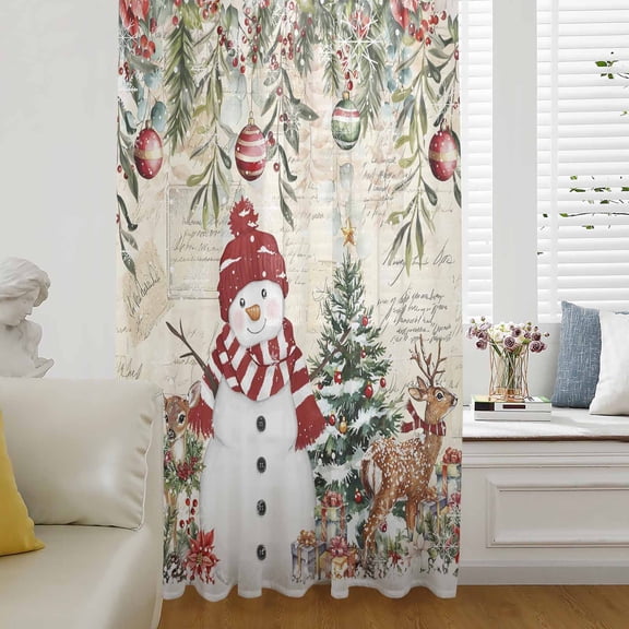 Beige Christmas Semi Sheer Curtains Drapes for Living Room,Bedroom,French Doors Window 54 Inches Long,Snowman Xmas Tree Poinsettia Eucalyptus Rod Pocket Chiffon Curtain Drapery Voile Draperies Panel