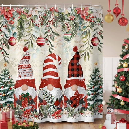 Beige Christmas Shower Curtain, Gnomes Xmas Tree Poinsettia Eucalyptus Waterproof Fabric Shower Curtains with 12 Hooks, Bathroom Curtain Set for Bathroom Accessories Decor, 36 x 78 Inches