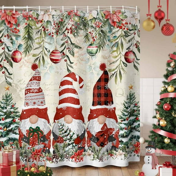 Beige Christmas Shower Curtain, Gnomes Xmas Tree Poinsettia Eucalyptus Waterproof Fabric Shower Curtains with 12 Hooks, Bathroom Curtain Set for Bathroom Accessories Decor, 36 x 78 Inches