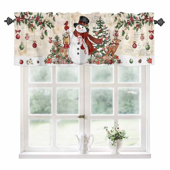 Beige Christmas Snowman Kitchen Valances for Windows 54x18 Inch Kitchen Curtains Valances Rod Pocket Xmas Snowflake Elk Tree Balls Bathroom Window Valances for Window Treatment Decor