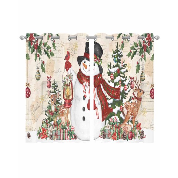 Beige Christmas Snowman Sheer Curtains 39 Inch Length 2 Panels Set for Living Room/Bedroom, Xmas Snowflake Elk Tree Balls Kitchen Curtains Grommet Semi-Sheer Curtains Window Treatments 27.5"x39"x2