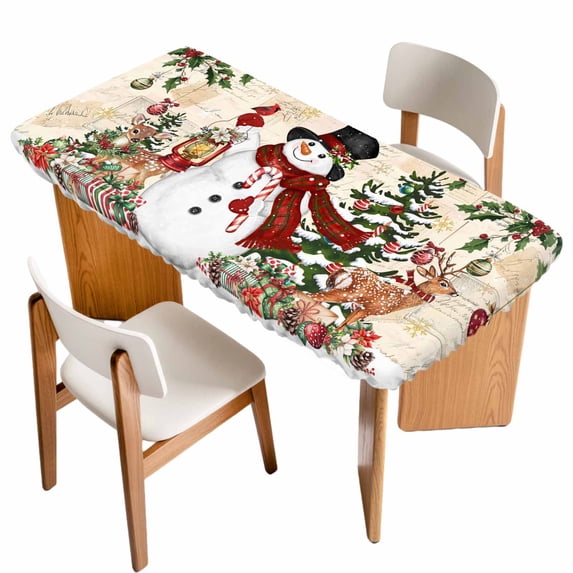 Beige Christmas Snowman Table Cloths for 5 Foot Rectangle Tables, Xmas Snowflake Elk Tree Balls Patio Waterproof Elastic Fitted Tablecloths, Washable Rectangular Table Cover for Camping