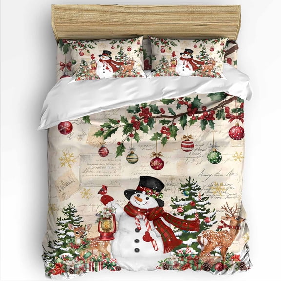 Beige Christmas Snowman Twin Size Comforter Set, Xmas Snowflake Elk Tree Balls Soft Bedding for All Seasons, 4 Pcs Bed Set with 1 Comforter (68"x86") ,1Sheet(66"x116"), 2 Pillowcases (19"x29")