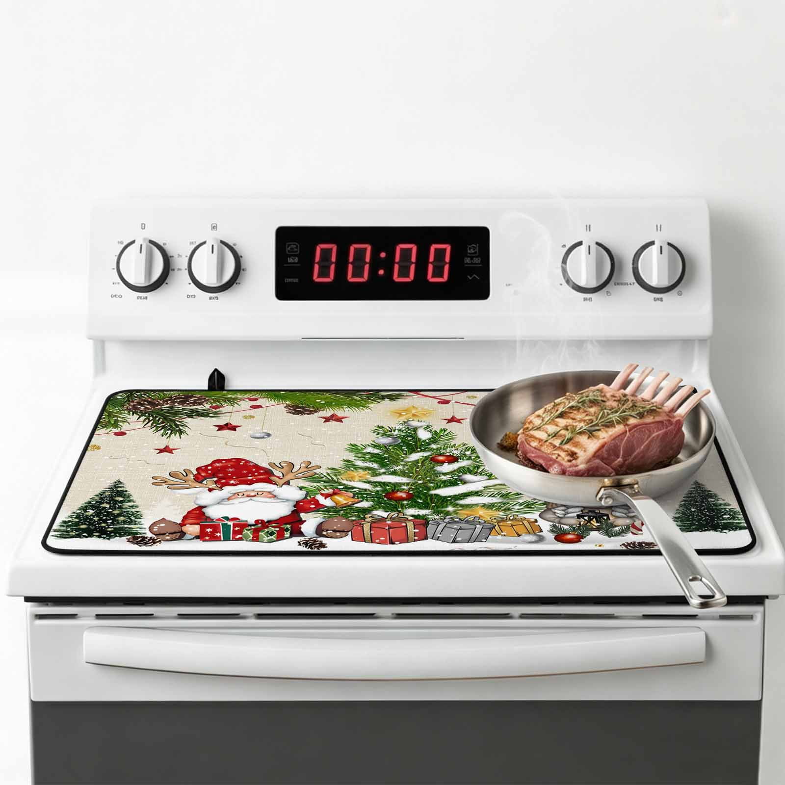 Beige Christmas Stove Top Cover for Electric Stove, Heat-proof & Non Slip Glass Top Stove Cover Protector, Gnomes Xmas Tree Snowflake Winter Gifts Rustic Kitchen Flat Cooktop Rubber Mat 24x21 Inches
