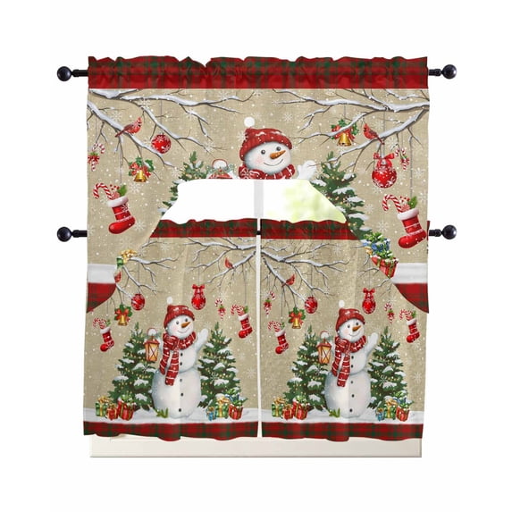 Beige Christmas Swag Kitchen Curtains Sets for Windows 24 Inch Length, Snowman Xmas Tree Birch Snowflakes Red Plaid Short Window Curtain Swags Valances and Tiers 3 Piece Set for Cafe/Dining Room