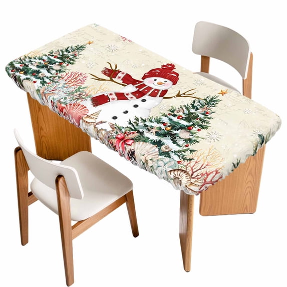 Beige Christmas Table Cloths for 3 Foot Rectangle Tables, Snowman Xmas Tree Coastal Snowflake Starfish Patio Waterproof Elastic Fitted Tablecloths, Washable Rectangular Table Cover for Camping