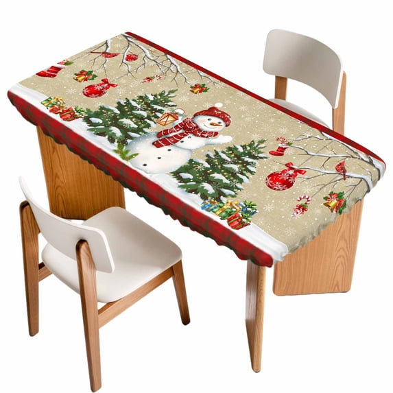 Beige Christmas Table Cloths for 4 Foot Rectangle Tables, Snowman Xmas Tree Birch Snowflakes Red Plaid Patio Waterproof Elastic Fitted Tablecloths, Washable Rectangular Table Cover for Camping