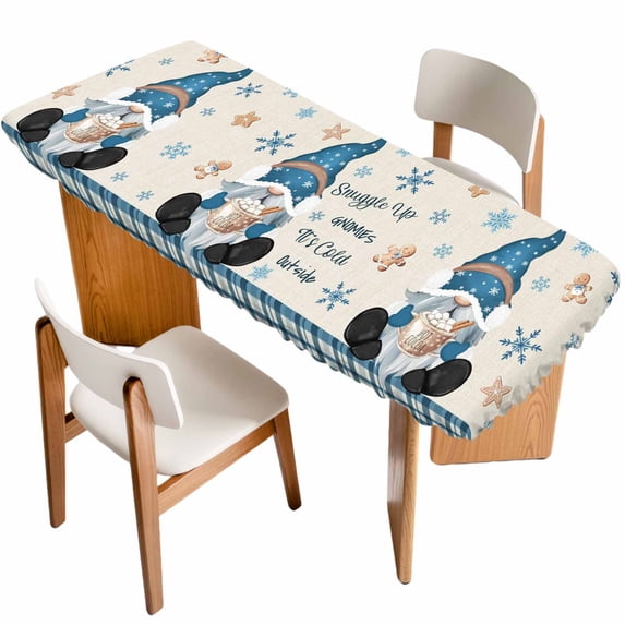 Beige Christmas Table Cloths for 8 Foot Rectangle Tables, Xmas Snowflakes Gnomes Gingerbread Man Patio Waterproof Elastic Fitted Tablecloths, Washable Rectangular Table Cover for Camping