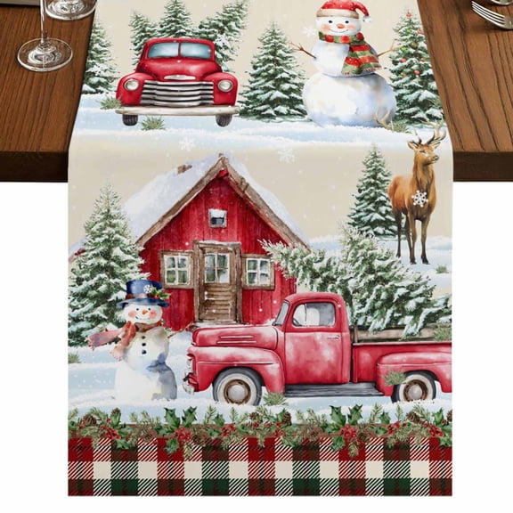 Beige Christmas Table Runner 36 Inches Long for Dining Tables, Red Truck Plaid Snowman Xmas Tree Ball Cotton Linen Table Runner Coffee Tablerunners Dresser for Kitchen Party Holiday Decor 13"x36"
