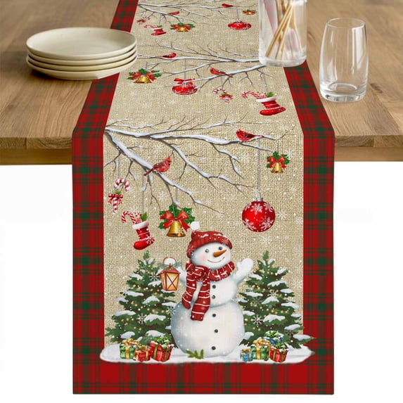 Beige Christmas Table Runner 48 Inches Long Farmhouse Dress Scarves, Snowman Xmas Tree Birch Snowflakes Red Plaid Dining Tablerunner for Coffee Table/Kitchen Island/Party Décor, 13" x 48"
