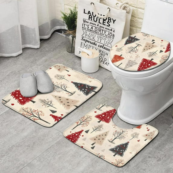 Beige Christmas Tree Pattern Bathroom Rugs Sets 3 Piece,Toilet Cover Set,Absorbent Non Slip Bathroom Mats Sets with U-Shaped Contour Rug Toilet Rug Set