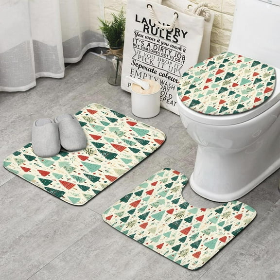 Beige Christmas Tree Pattern Bathroom Rugs Sets 3 Piece,Toilet Cover Set,Absorbent Non Slip Bathroom Mats Sets with U-Shaped Contour Rug Toilet Rug Set