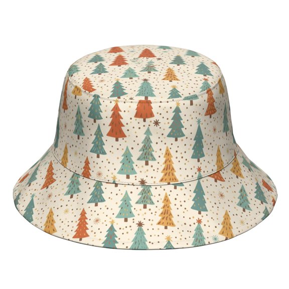 Beige Christmas Tree Pattern Bucket Hat, Outdoor Sun Hat with Wide Brim & Breathable Fabric, UV Sun Protection Gifts for Birthday Christmas Thanksgiving