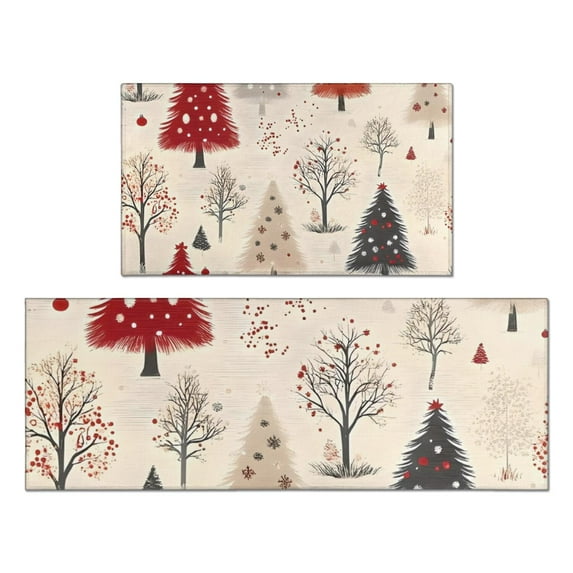 Beige Christmas Tree Pattern Kitchen Rugs Sets Of 2,Anti Fatigue Kitchen Mat Rugs Non Slip Washable,Decorative Kitchen Floor Mats for Kitchen,Sink,Laundry,17"x30"+17"x47"