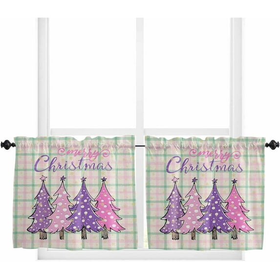 Beige Christmas Tree Tier Curtains 24 Inches Long, Green Pink Plaid Xmas Tree Snow Rod Pocket Window Curtains Panels for Bedroom/Bathroom/Nursery, Small Short Half Curtains Drapes for Cafe 27.5"x24"
