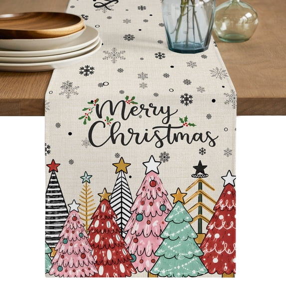 Beige Christmas Trees Table Runner 60 Inches Long - Winter Xmas Colorful Pine Snowflakes Kitchen Dining Burlap Linen Tablerunner for Small/Round/Square/Wedding/Coffee/Dining Table Party 13 x 60